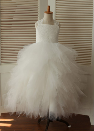 Ivory Lace Tulle Cross Back Flower Girl Dress With Bow